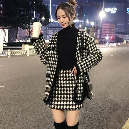 Black/white plaid tweed jacket + skirt suit autumn / winter womens wool coat jacket houndstooth hip ladies 2 piece skirt suit