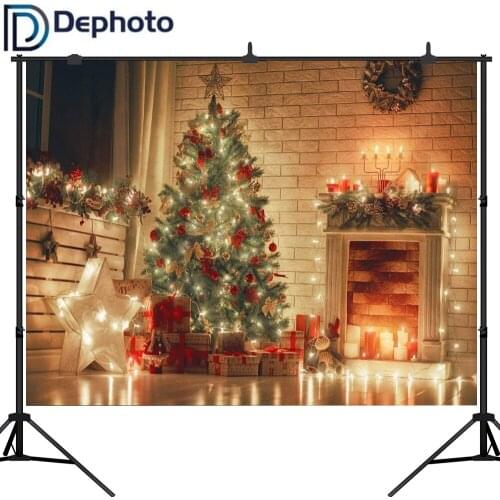 Dephoto Christmas Photography Backdrops gold star lantern Decoration Wooden Board Presents Tree Indoor Seamless Photo Background