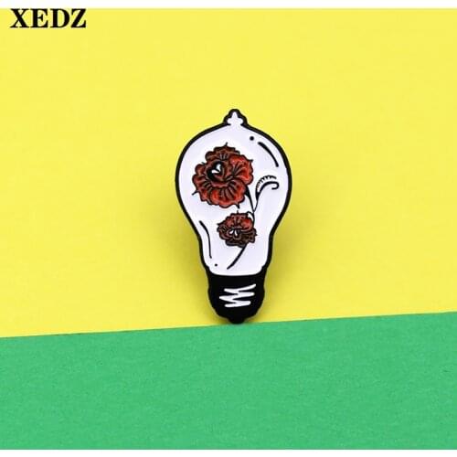 XEDZ retro light bulb enamel pin red flower mark artwork metal badge old style jewelry lapel bag clothes brooch gift to friends
