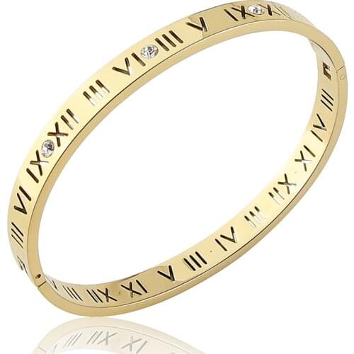 Hot Sale Fashion Opening Titanium Steel Bangles Crystal Rose Gold White Gold Bangles Roman Numerals Womens Bracelet