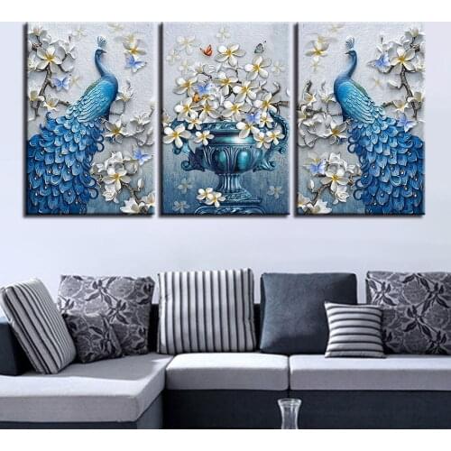 Canvas Painting Living Room Decor 3 Pieces Blue Peacock Pictures HD Prints Orchid Flower Butterflies Poster Wall Art Framework
