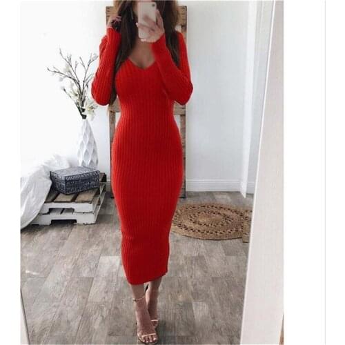 Fashion Autumn Knitted Bodycon Maxi Dress Casual Sexy V Neck Long Sleeve Women Elegant Winter Slim Long Dresses Thin Dress 2021