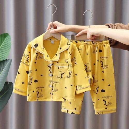 Fashionable boys and girls' solid color home dress baby cute cartoon Print Long Sleeve Cotton Pajamas two sets