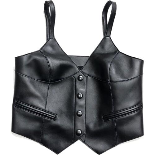Fashion black solid genuine leather real lambskin camis Women V-neck Tank Top Elegant Woman Sleeveless Tops Office Lady