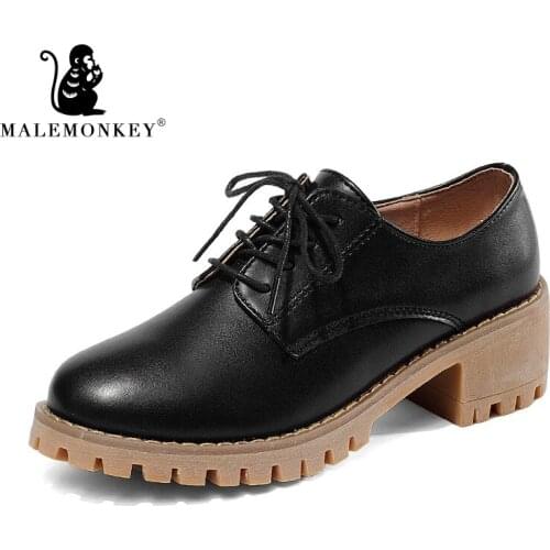 Male Monkey Spring\winter British style split leather women square heel flat Platform shoes woman lace-up oxford shoes for women