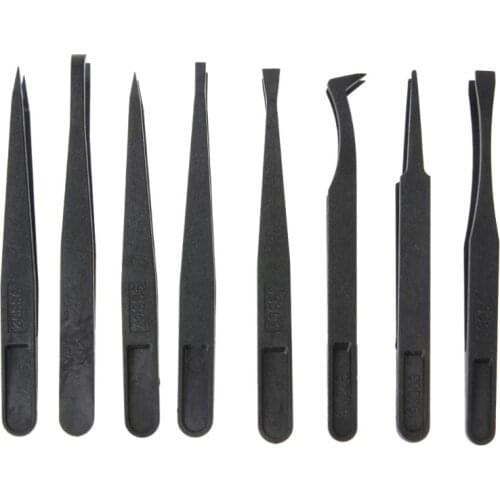 8Pcs Black Anti Static Plastic Tweezers Heat Resistant Repair Tools Kit for Mobile Phone Tablets ESD Safe Tweezers Set