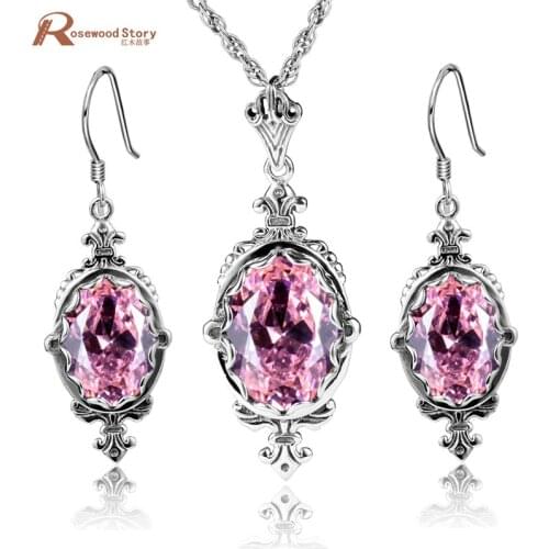 Fashion 925 Sterling Silver Jewelry Sets For Women Pink CZ Stone Crystal Royal Wedding Pendant/Earrings Victorian Vintage Style