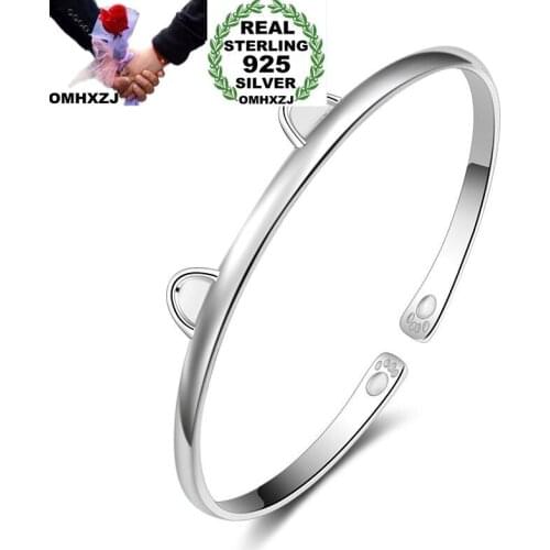 OMHXZJ Wholesale European Fashion Woman Girl Party Wedding Gift Cat Ear 925 Sterling Silver Cuff Bangle BA26