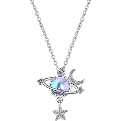 Trendy Silver 925 Sterling Necklace For Women Jewelry Bright Crystal Blue Earth Moon Star Pendant Female Choker Necklaces Bijou
