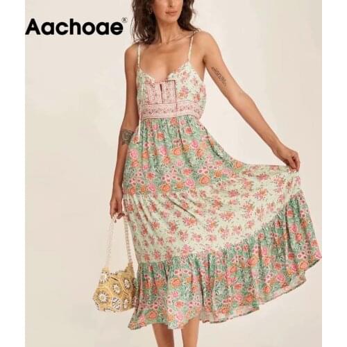 Aachoae Sexy Spaghetti Strap Beach Dress Women Floral Print Sleeveless Holiday Summer Dress Ladies A Line Backless Midi Dresses