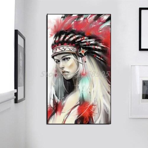 Tribal Native Girl Feathered Women Nordic Style Wall Art Canvas Painting Poster Decorative Picture For Living Room Home Decor