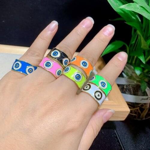 10Pcs Fashion Hot New Gold Plated Chunky Colorful Enamel Rainbow Eye Daily Brass Wide Band Open Rings