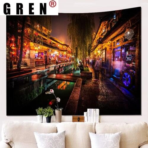 GREN Retro Town River Road Lights Tapestry Hanging Background Cloth Beach Mat Blanket Art Bedroom Living Home room dorm decor