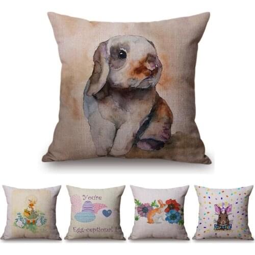Happy Easter Cute Bunny Rabbit Color Eggs Cotton Linen Throw Pillow Case Home Decoration Sofa Bed Festival Flowers Cushion Cover