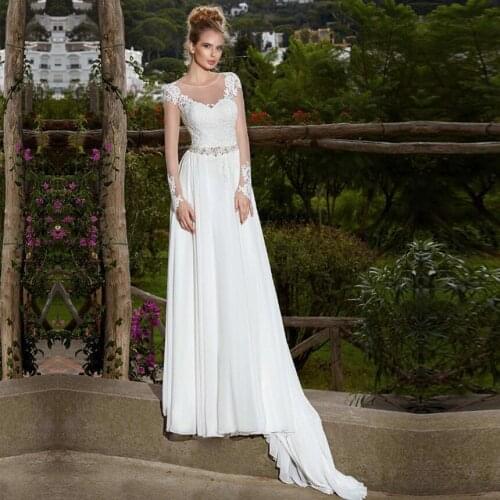 A Line Long Sleeve Chiffon Wedding Dress Top Lace Applique vestido de noiva Custom Made Back Button Robe De Mariee