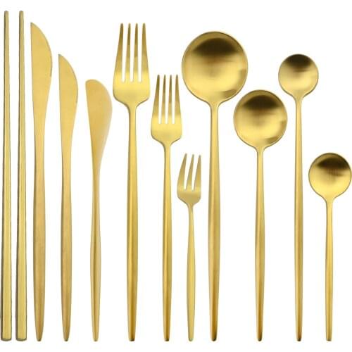 Vintage Matte Gold Dinnerware 18/10 Stainless Steel Cutlery Dessert Knife Fork Coffee Spoon Tableware Set Home Kitchen Flatware