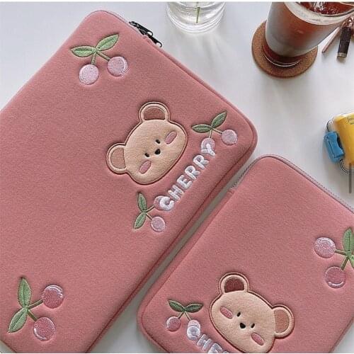 Cartoon Cute Bear Cherry Pink Tablet Computer Bag Womens Clutch Bag Large Capacity Student Stationery Storage IPad Bag