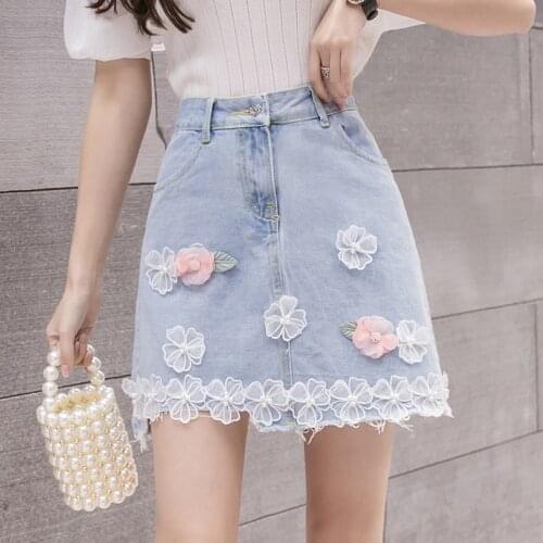 High Waist Hole Lace bead Flower Denim Women Skirt Summer Appliques Solid Jeans Elegant Harajuku Female Mini Package Hip Skirt