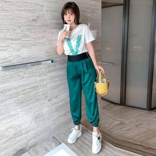 High quality Leisure round collar letters printing T-shirt + high elastic waist beam mouth and pants new women summer