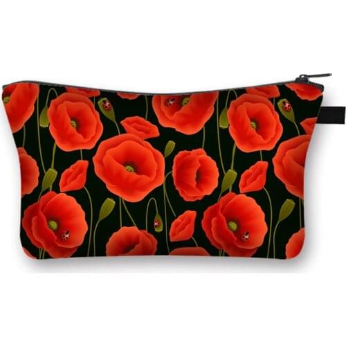 Women Red Poppies Flowers Print Cosmetic Bag Ladies Makeup Bag Small Handbag Female Toiletry Beauty Bags Cosmetics Case