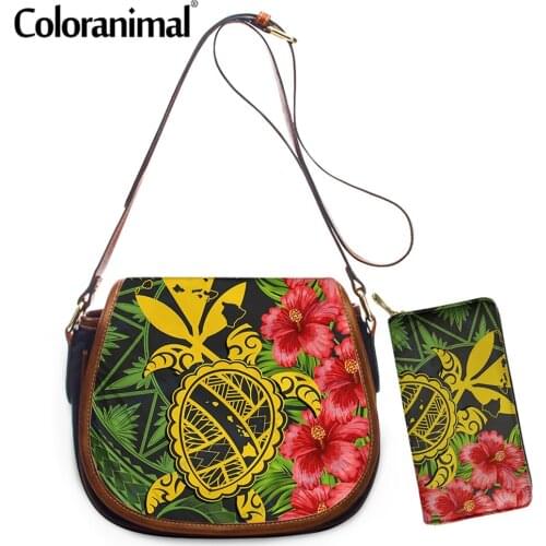 Coloranimal Hawaii Polynesian Sea Turtle With Hibiscus Printing Ladies Shoulder Bag PU 2Pcs Crossbody Bag&Wallet for Women 2021