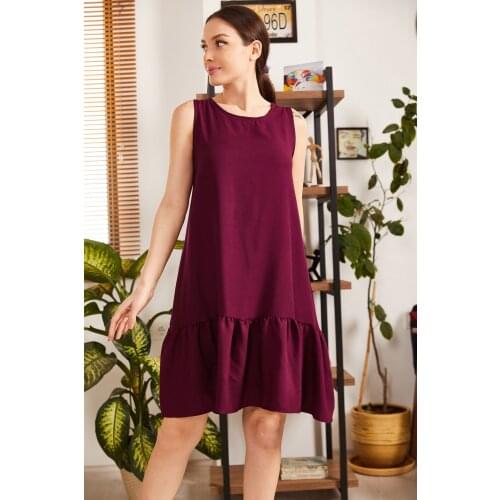 Women Plum Red, Sleeveless, Collarless, Skirt Ruffle Dress, for Daily and Special Moments, Summer Fashion, modern Cut, Color Does Not Play, Convenient