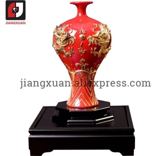 12 inch 24k gold foil double dragon beauty red porcelain wedding vase handicraft decoration retro home decor good keepsake gifts