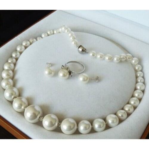Free shipping $wholesale_jewelry_wig$ RARE 8-16MM SOUTH WHITE SEA SHELL PEARL NECKLACE RING EARRINGS SET AAA+ 18"