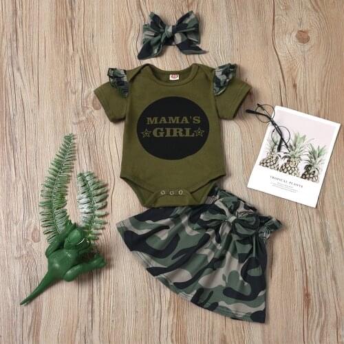 Baby Girl Short Sleeve Letter Print Bodysuit+Camouflage Skirt+headband Set Kids Clothing Sets Children Clothes Babys Sets