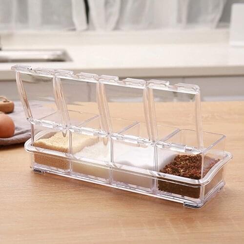 4 Compartment Clear Seasoning Box, Condiment Storage Container for Spice Salt Sugar, Cruet Jars with Spoons and Base Tray