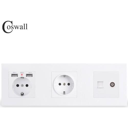 COSWALL Double Wall EU Socket Grounded With 2 USB Charge Port Hidden Soft Backlight + Female TV & RJ45 Internet Outlet PC Panel