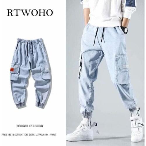 FARDRESS Workwear jeans mens Hong Kong style brand multi-pocket small feet mens trousers light-colored pants mens jeans