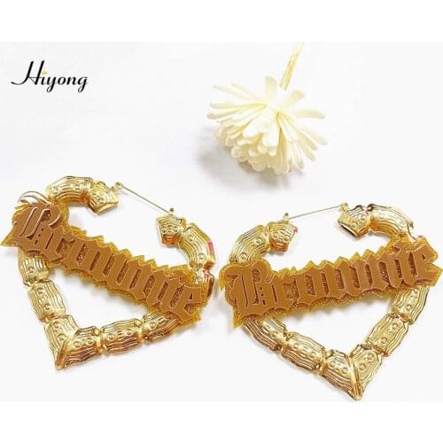 HIYONG Personalized Bamboo Hoop Earrings Customized Name Earrings Heart Shape Custom Earring Hipop Acrylic Letter Jewelry