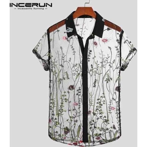 2021 Men Casual Shirt Mesh See Through Embroidered Lapel Short Sleeve Camisa Streetwear Party Nightclub Shirts Men S-5XL INCERUN