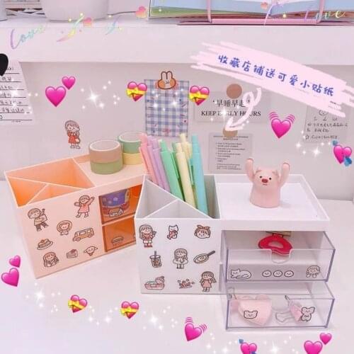 2021 new Ins Kawaii Deskpot Organizer Makeup Storage Box Multi-layer Container Drawer Cabinet Rack Send Sticker Home Decor 2021