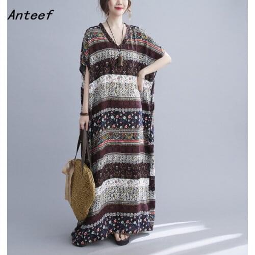 Short sleeve plus size cotton stain vintage dresses for women casual maxi long loose sun summer beach dress elegant clothes 2021