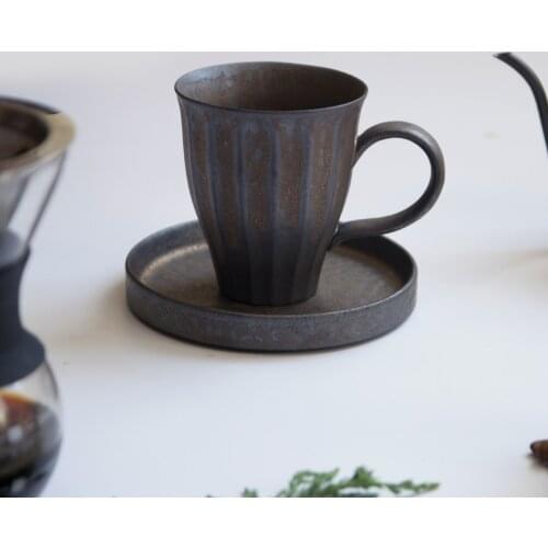 Gilded glaze handmade crude pottery cappuccino coffee cup saucer set handmade Italian original coffee milk mug water teacup