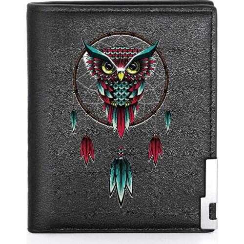 High Quality Luxury Owl Dreamcatcher Printing Leather Wallet Credit Card Holder Short Male Slim Purse For Men