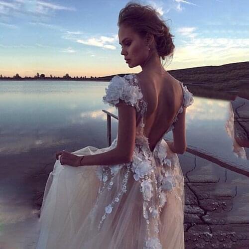 Amazing 3D appliques Flower Wedding Dresses Sexy Backless illusion O-Neck Custom Made Bridal Gowns