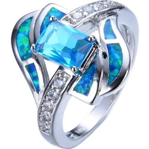 Trendy Silver Plated Twist Blue Opalite Opal Geometric Finger Ring with Rhinestone Fashion Jewelry