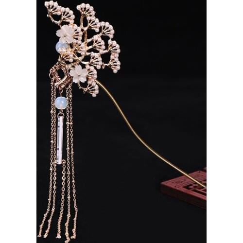 High Fashion Simulated Pearls Gold 16cm Long Tassel Hair Clasp Hair Stick Hairpin Headwear Chinese Traditional Wedding Jewelry