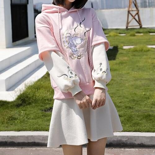 Fleece Harajuku Pink Cartoon Embroidery Oversize Hooded Sweatshirt Women 2020 Winter Sweet Style Girl Kawaii Cute Hoodies Top