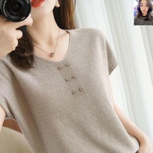 Summer Knitted Blouse for Women V-neck Ice Silk Short Sleeve Cotton Shirt 2021 New Casual Loose Office Lady Clothing Blusa 14660