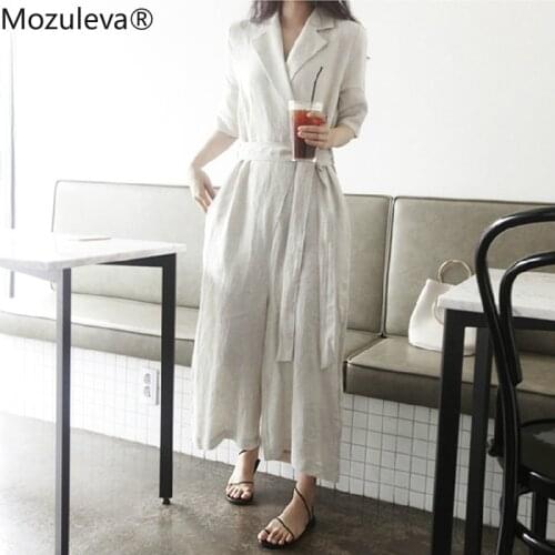 Mozuleva 2020 New Summer Women Jumpsuits & Rompers Casual Cotton and Linen Wide Leg Ankle-Length Pants Lace Up Playsuit femme