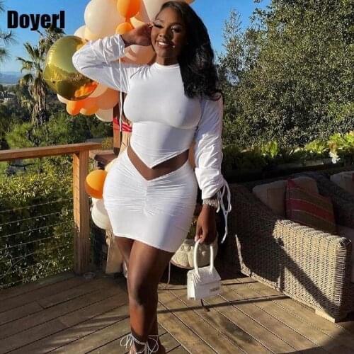 White Bodycon Two Piece Skirt Set Matching Sets for Women Drawstring Top Mini Skirts Suit Going Out Sexy 2 Piece Club Outfits