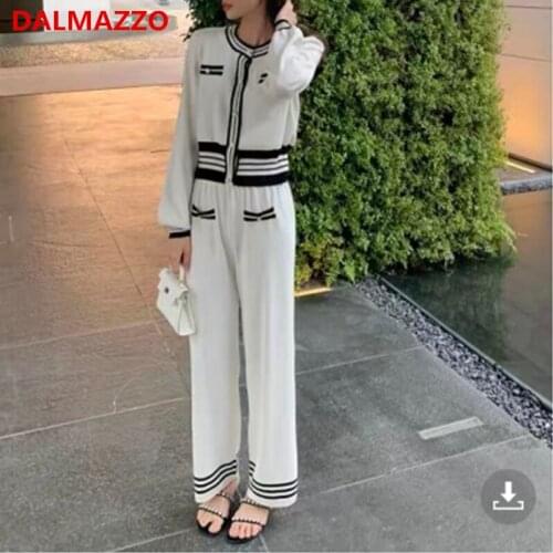 2021 Newest Autumn Fashion Womens Pants Suits Long Sleeve Single-Breasted Knit Tops and Wide Leg Pants Two Pieces Set Feminino