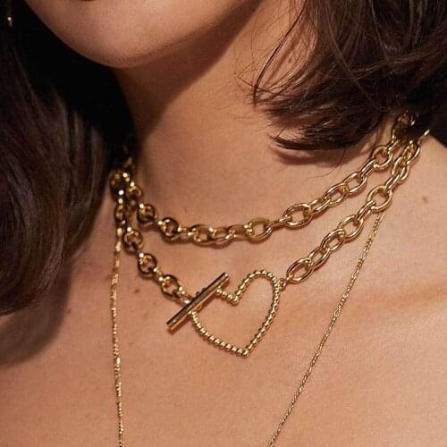 Double Layer Large Chain Heart Pendant Choker Necklace Vintage Punk Neck Collar Fashion Charm Statement Necklace For Women