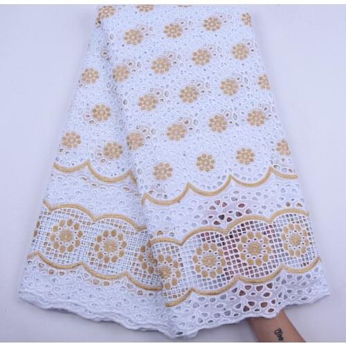 Gold And Pure White embroidery Swiss Voile Lace High Quality African Lace Fabric Handcut Cotton Lace For Wedding Party Dress
