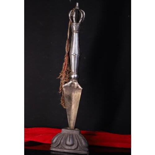 20" Tibet Buddhism Temple Tiantie Four-strand FaQi Meteorite Dorje Vajra Phurba Dagger Holder Pedestal Bodhi Root