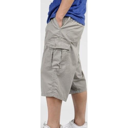 3/4 Pants Men Summer Multi-pocket Baggy Cargo Cotton Calf Length Pants Casual Trouser Male Large Solid Color Plus Size XL-6XL